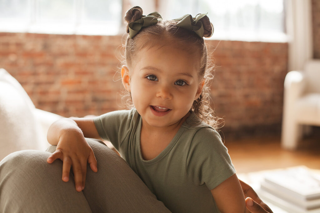 Portrait of toddler during family photo session in Neutral Moon Studio, Atlanta